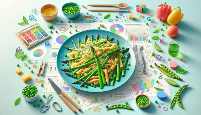 A vibrant spring pasta dish featuring sautéed asparagus and steamed garden peas set on a colourful table.