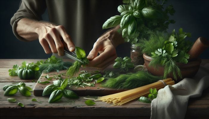 Fresh herbs such as basil, dill, and parsley being prepared on a rustic kitchen table for a spring pasta dish.