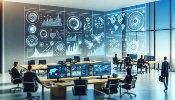 A digital dashboard displaying sanity metrics and strategic marketing elements in a modern office.