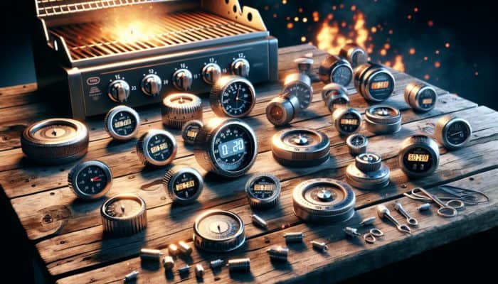 A variety of grill timers displayed on a rustic wooden table, showcasing mechanical timers with dials, digital timers with countdown features, and magnetic back options, alongside a lit barbecue grill.