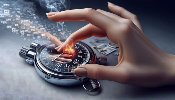 A hand adjusting the settings on a digital timer, stopwatch displaying 10 minutes, alongside a grilling scene with smoke and meat.