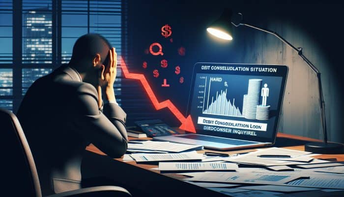 Challenges of Debt Consolidation with Bad Credit: A Guide | DCL Challenges of Debt Consolidation with Bad Credit: Individual anxiously observing a declining credit score graph on a laptop surrounded by debt consolidation paperwork in a dimly lit office.