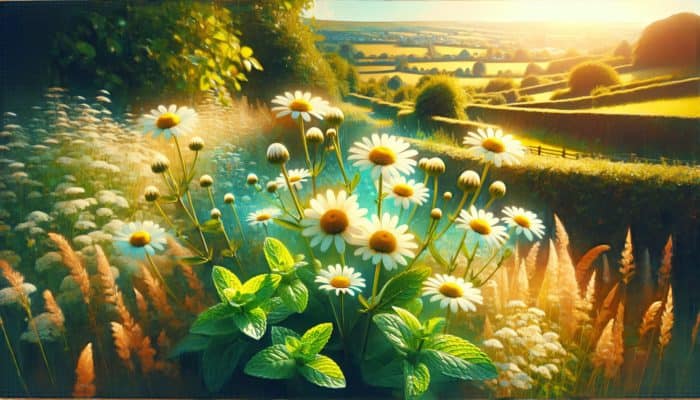 Identifying Safe Herbs: UK countryside featuring chamomile flowers and mint plants flourishing in gardens and hedgerows.