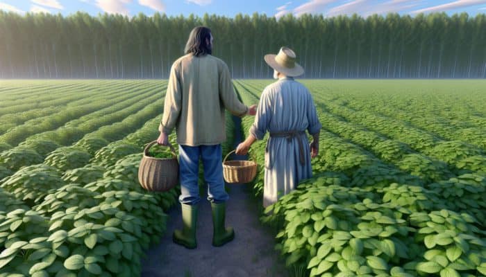 Individual requesting foraging permission from a farmer on lush private land, equipped with baskets and guides, under a clear sky.