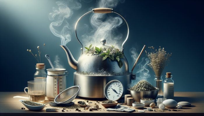 A peaceful kitchen scene with herbs steeping in boiling water, cooling for a baby's safety.