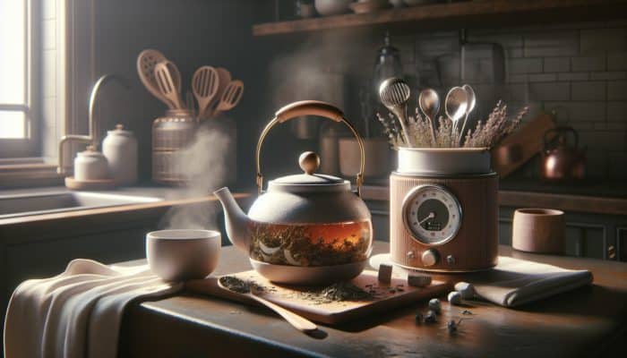 A cosy kitchen with a teapot of herbs, steam, timer, and cooling container for baby's safety.