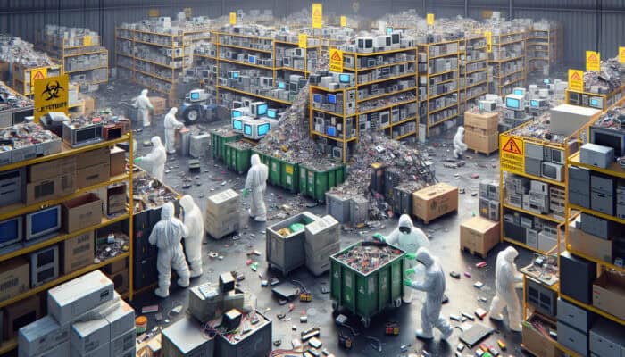 Workers in hazmat suits disposing of lithium batteries and CRT monitors in a cluttered electronics clearance warehouse.