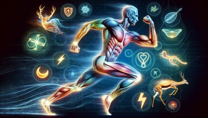 Illustration of a human body highlighting glowing gut flora, surrounded by symbols of strength, speed, and vitality.