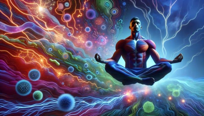 Athlete meditating in an abstract landscape of gut microbiome, symbolising mental clarity through probiotics.