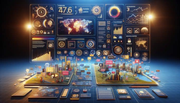 Utilising Dynamic Content for Personalised SEO A vibrant digital interface with personalized content such as reviews, location-specific offers, real-time news, and adaptive images, enhancing user engagement and SEO.