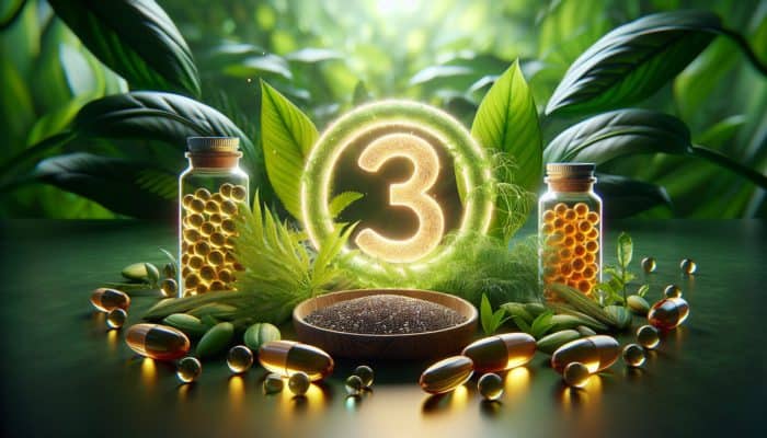 Chia seeds, hemp seeds, and algae oil capsules surrounding omega-3 symbol on green leaves.