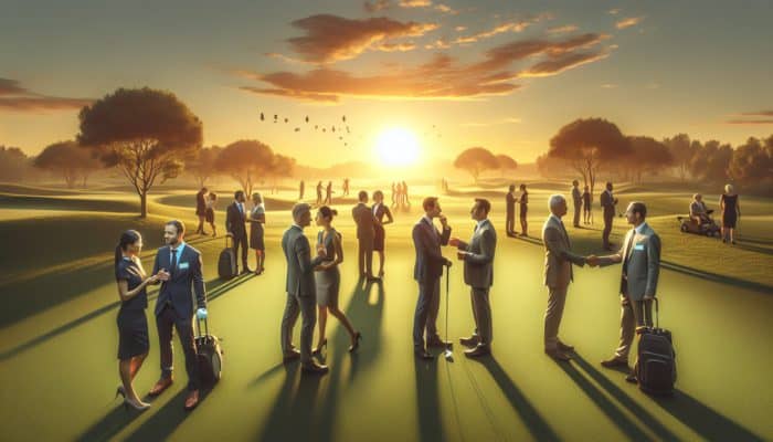 A scenic golf course at sunset where business professionals network and exchange business cards.