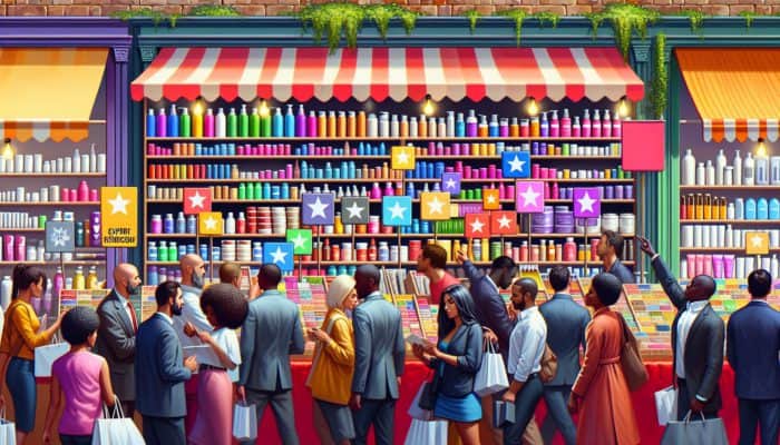 A lively UK marketplace stall featuring affordable hair products, showcasing expert recommendations and diverse customers browsing.