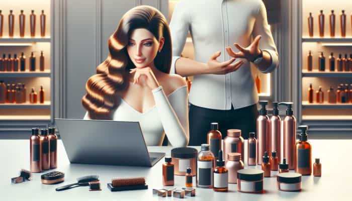 Individual with healthy hair using a laptop to view hair care blogs and tutorials, alongside stylists and products in a salon.