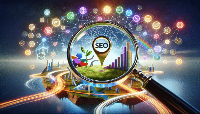 Best SEO Agency in Yeovil, Somerset: A magnifying glass highlighting "SEO" and "ESSENTIAL" amidst icons of business growth and search rankings.