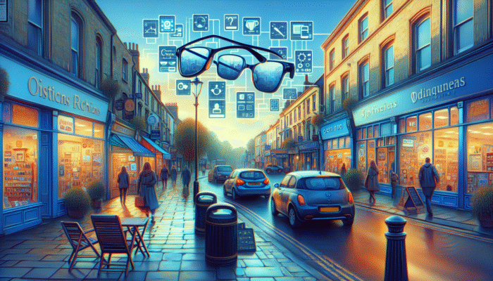 A bustling Yeovil street with diverse businesses, showcasing SEO-optimised signs and digital screens for local services.