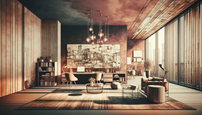 A muted auburn backdrop in a sleek urban interior, showcasing diverse textures and colours with rustic charm.