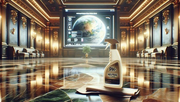 Luxurious room featuring a gleaming natural stone floor, with a bottle of pH-neutral cleaner and cloth.