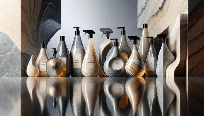 Bottles of premium pH-neutral stone floor cleaners from top UK brands displayed on a marble countertop.