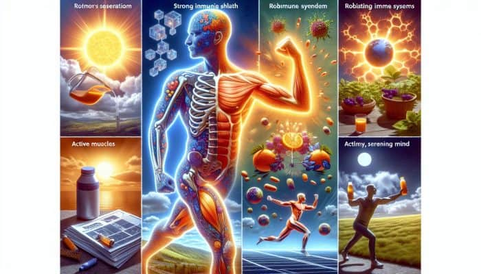 Vitamin D Blood Test in Banbury: Poster showing Vitamin D benefits: strong bones, immune system, muscle function, mental health, UK sunlight.