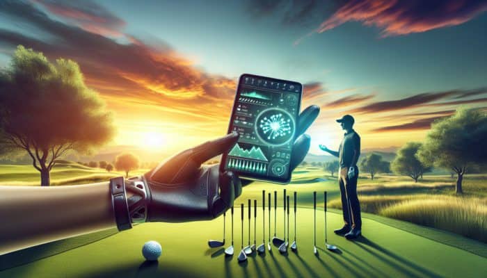 A golfer using a modern golf performance tracker on a green at sunset, with clubs nearby.
