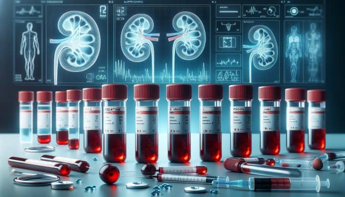 Illustration of kidney blood test vials labelled with creatinine, urea, and electrolytes, with kidney diagrams.