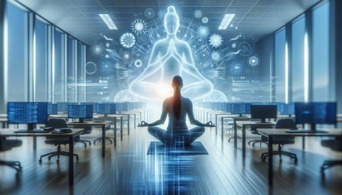 Health Tips for Women in Tech: A tech worker practising yoga and meditation in a modern office, symbolising stress relief.