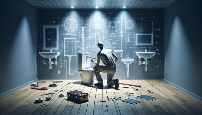 Toilet Installation Services in Ladner Delta: A skilled technician installs a modern toilet in a well-lit bathroom, ensuring perfect alignment and no leaks.