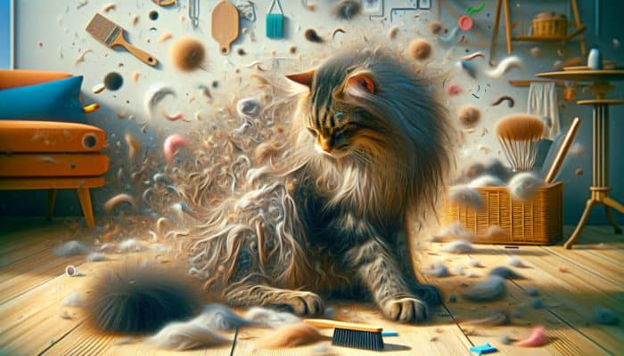 Hairball Prevention for Cats: A long-haired cat grooming, shedding fur, stressed and irritated, forming a hairball at home.