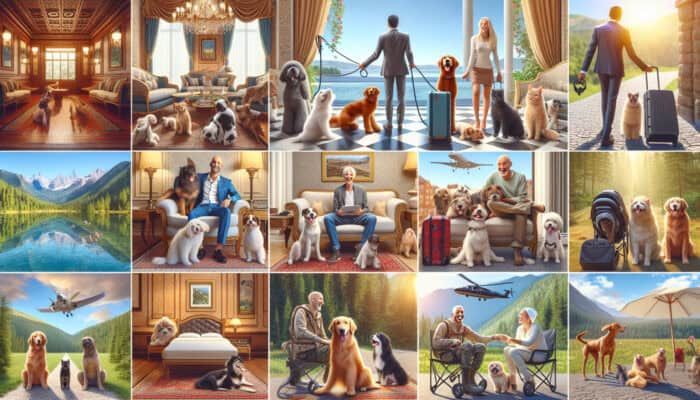 Diverse pet-friendly accommodations featuring happy pets and owners, including luxury hotels and vacation rentals.