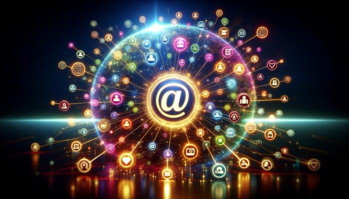 Utilising Social Media for Brand Authority: A vibrant digital landscape with interconnected social media icons and a central logo radiating influence.