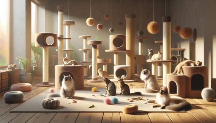 A tranquil room featuring cat towers, posts, and toys where multiple cats coexist and play peacefully.