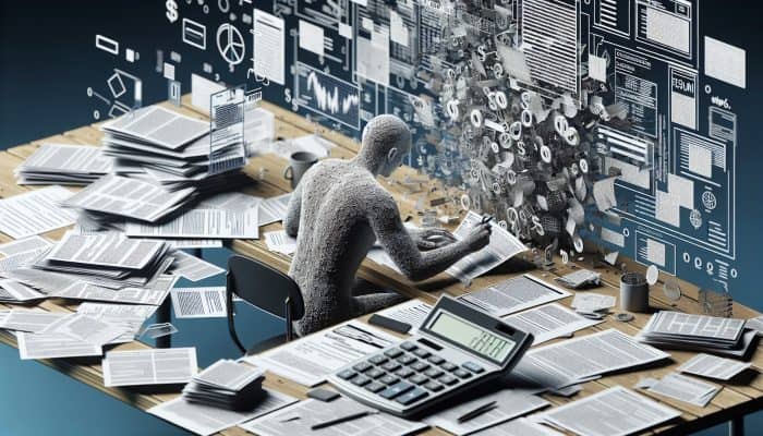 Person at desk with loan documents, filling out debt consolidation form, calculator and laptop with financial graphs nearby.