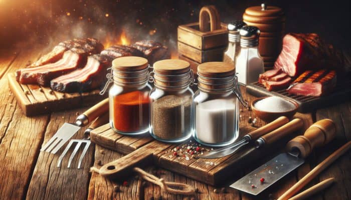 Three glass jars of paprika, salt, and pepper on a rustic table, with smoked meats and grilling tools, in a warm, smoky barbecue setting.