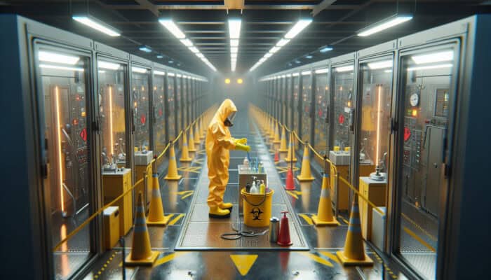 Tool Hygiene Tips for Clearance Jobs: A worker in a hazmat suit cleaning industrial tools in a decontamination chamber at a high-risk clearance site.
