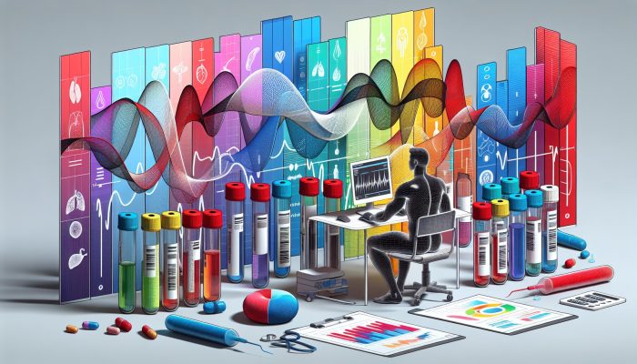 A blood test setup with vials labelled cholesterol, glucose, liver, and kidney, and a person reviewing results.