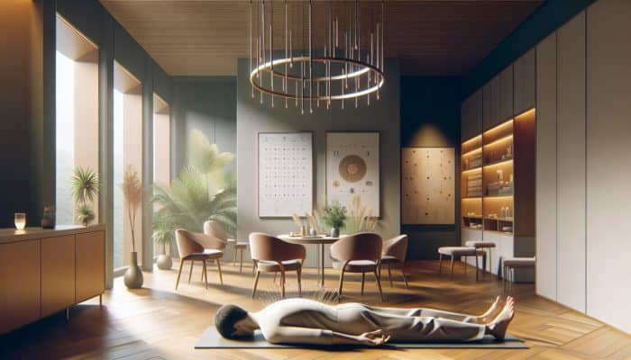 A serene acupuncture session in a modern UK clinic, with needles on a patient's back enhancing wellness.