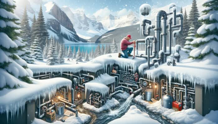 A winter scene in Whistler showcasing various plumbing issues including frozen pipes, low water pressure, blocked drains, leaking old pipes, a malfunctioning water heater, backflow problems, and grease-clogged restaurant plumbing.