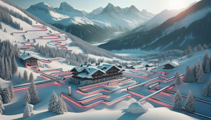 A mountain hotel in Whistler featuring insulated, heat-traced pipes amidst snowy terrain and rugged peaks.