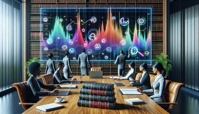 Best Practices for Local SEO for Law Firms: A modern law firm office with professionals analysing SEO data on a large digital screen showing keyword search volumes.