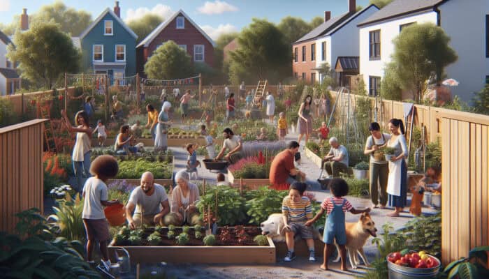 A vibrant community garden with families, children, and pets, cultivating community bonds and environmental stewardship.