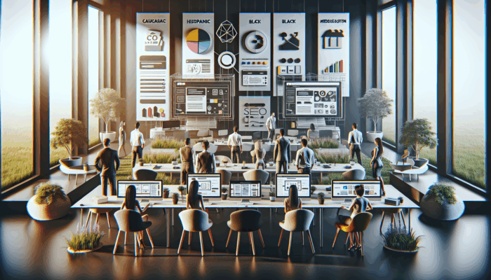 Modern web design studio in Chard with responsive mobile layouts and SEO analytics, local business owners collaborating.