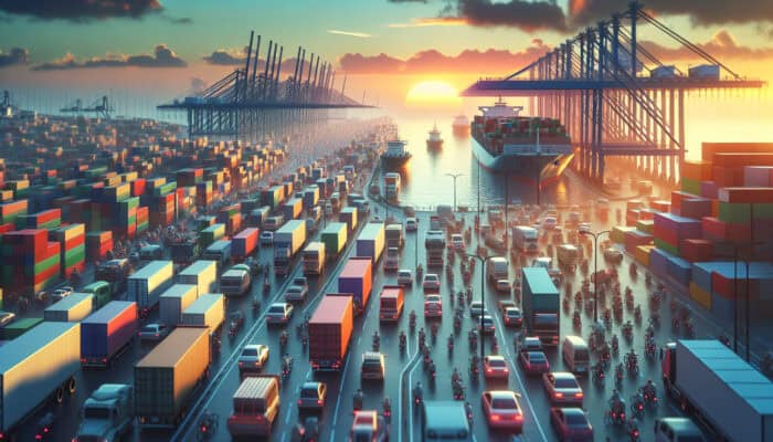 Budget-Friendly Transport for Clearance Items: A bustling port at sunset with trucks, trains, ships, and bicycles transporting clearance items efficiently.
