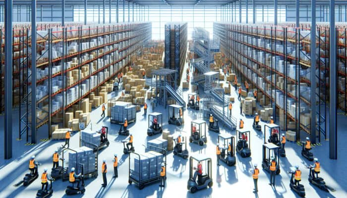 A busy warehouse with clearance signs and various budget-friendly transport options, guided by experts in vests.