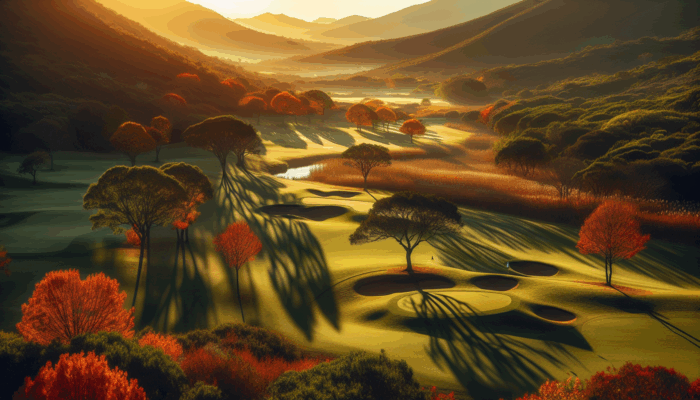 A tranquil South African golf course at golden hour with vibrant autumn foliage.