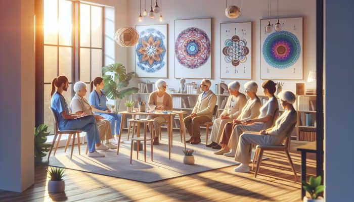 A tranquil group therapy session for retirees at an NHS clinic, focusing on art and mindfulness.