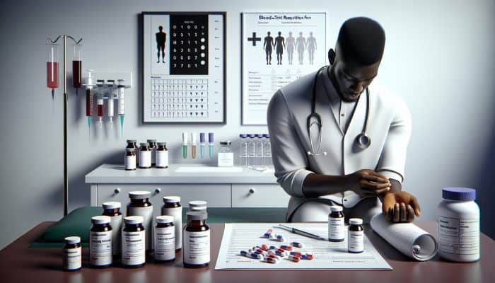 A person rolling up their sleeve for a vitamin blood test, nurse with syringe, surrounded by supplements and form.