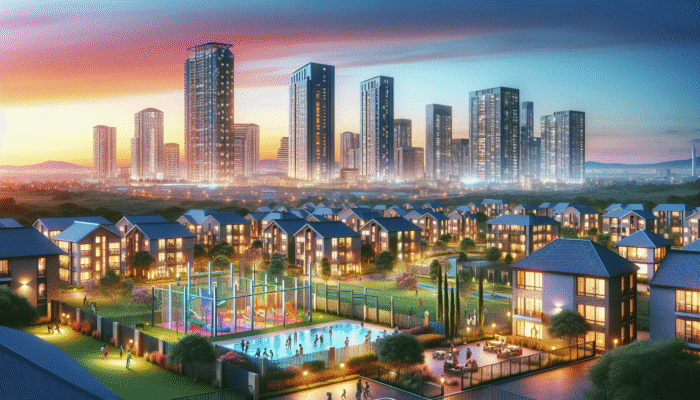 Polokwane skyline at dusk with modern buildings and gated communities, residents socializing around amenities.