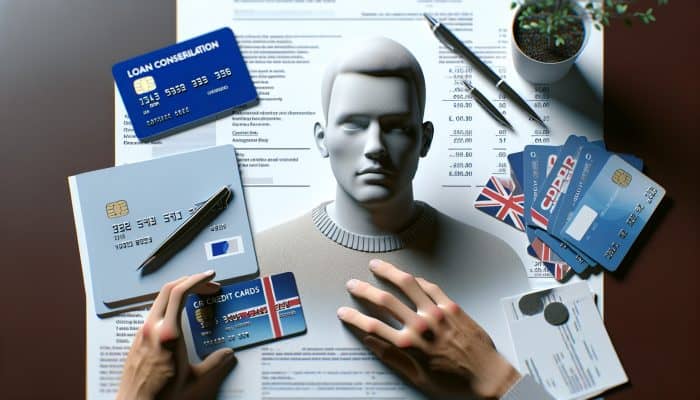 Understanding Debt Consolidation: UK Guide | DCL Understanding Debt Consolidation: Individual consolidating multiple debts into one, feeling relieved, in a modern UK setting.