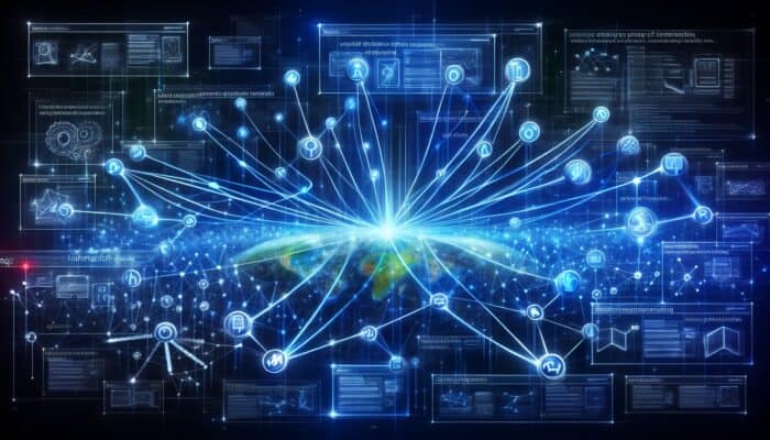 A glowing blue web of hyperlinks connecting colourful webpage nodes within a single domain, enhancing navigation and SEO.